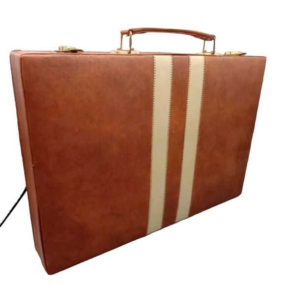 Vtg Backgammon Board Game Faux Leather Case Brown Tan Stripes Farkle Dice Lot - Picture 6 of 11